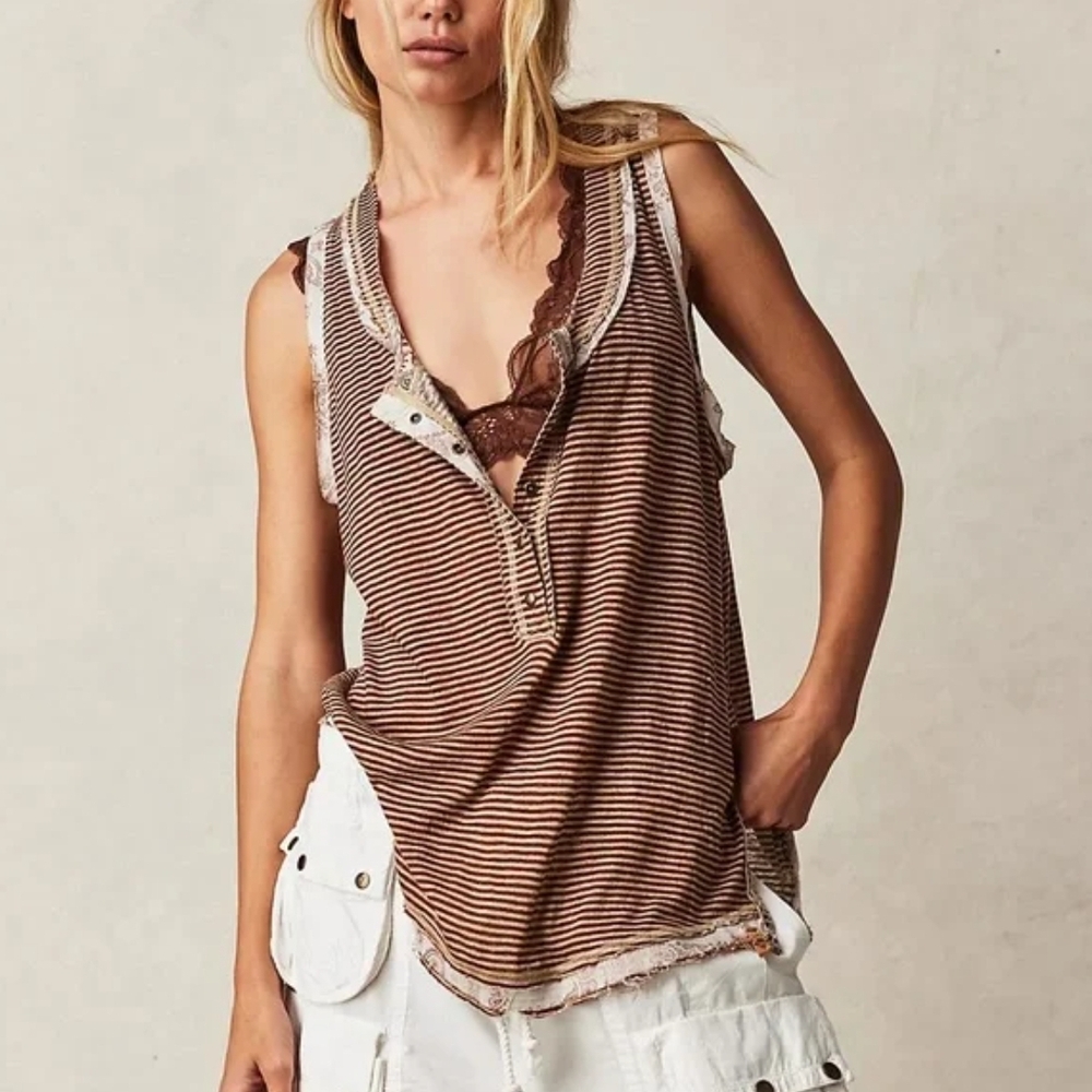 NWOT Free People Love Language Striped Brown Henley Layering Pirate Top Size XL